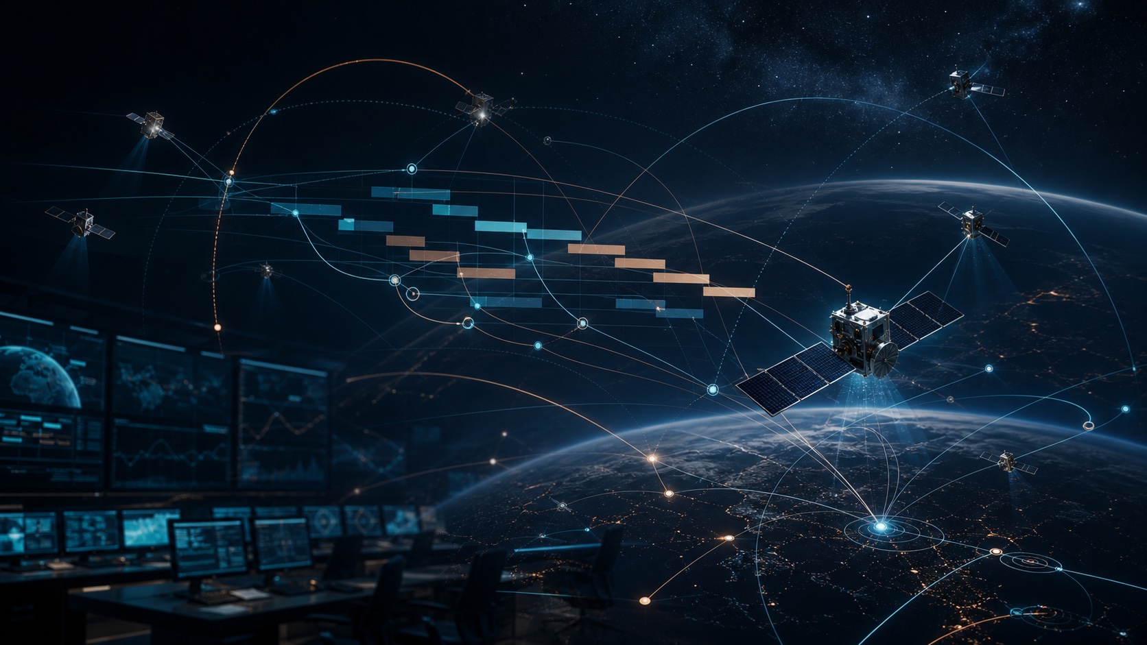 Abstract autonomous spacecraft scheduling visualization with satellites and orbital paths