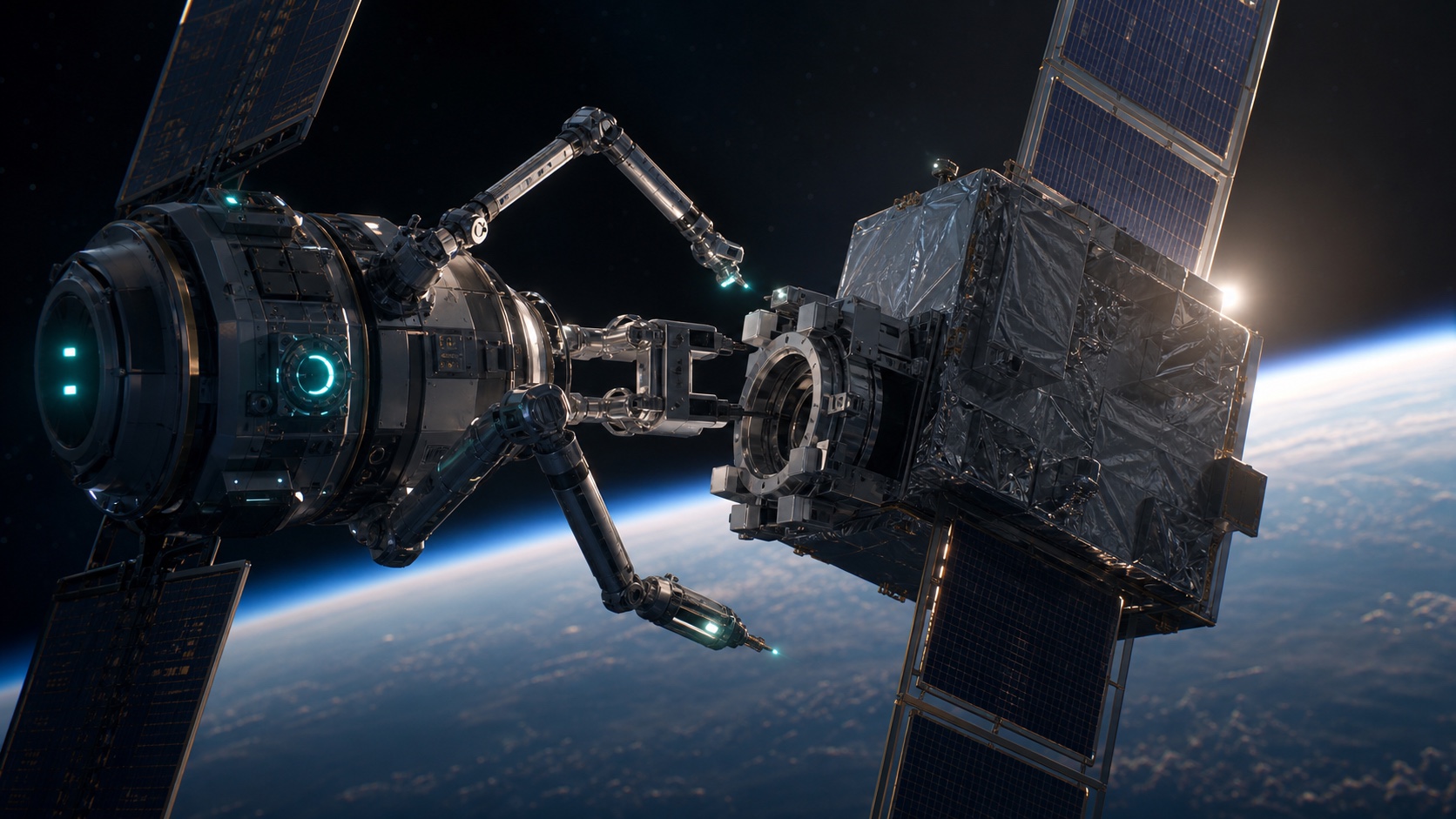 Generic robotic servicing spacecraft inspecting an unbranded satellite